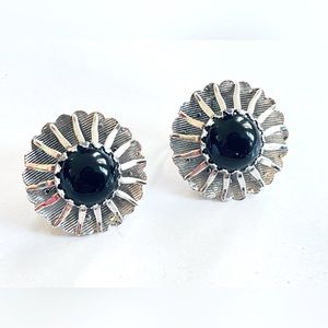 Sarah Coventry Vintage Clip on Earrings Black Lucite Cabochon Flower Sunburst